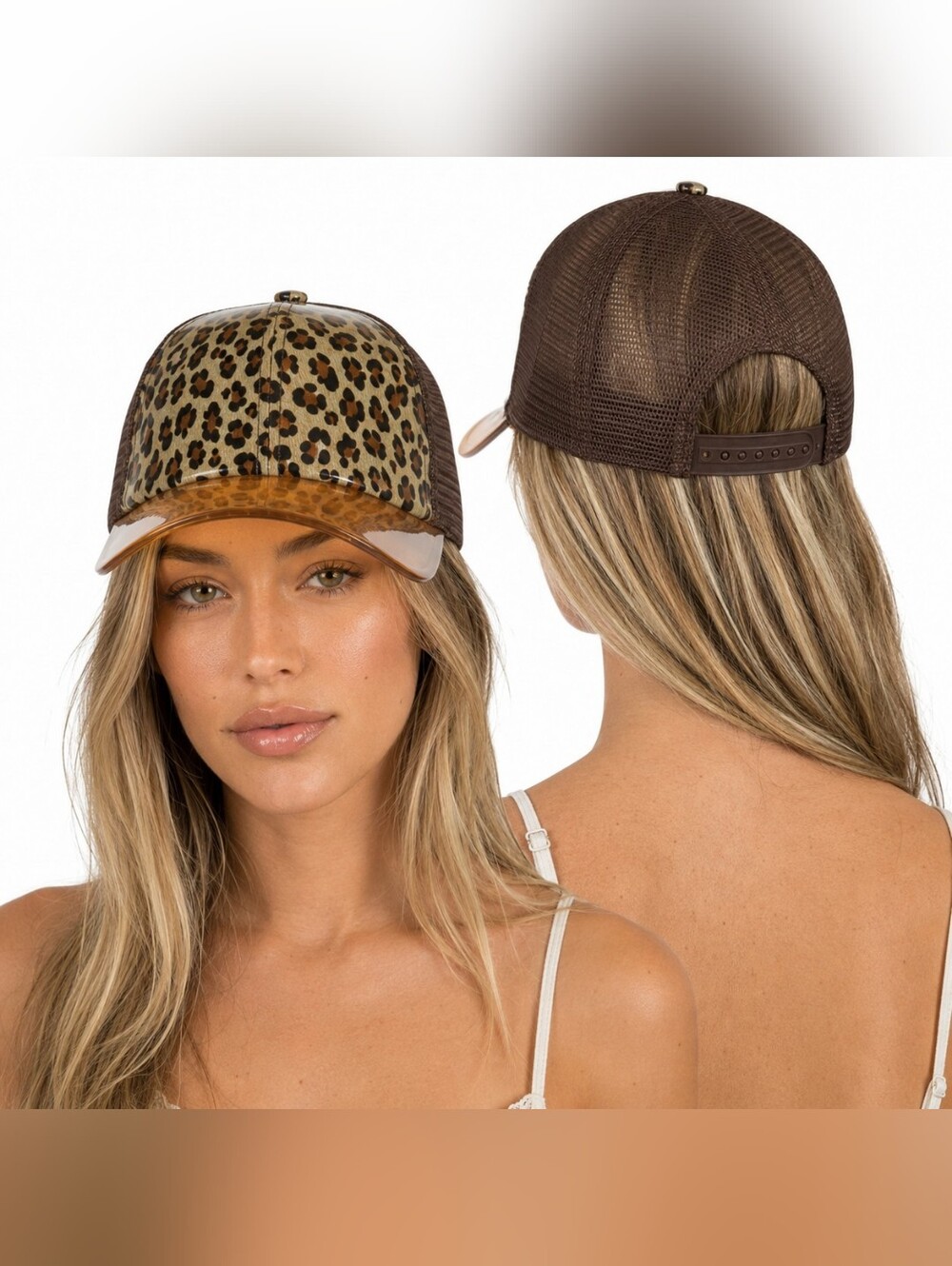 Nwt Magid Patent Leopard Print & Mesh Trucker Hat Amber Acrylic Clear Visor Brim